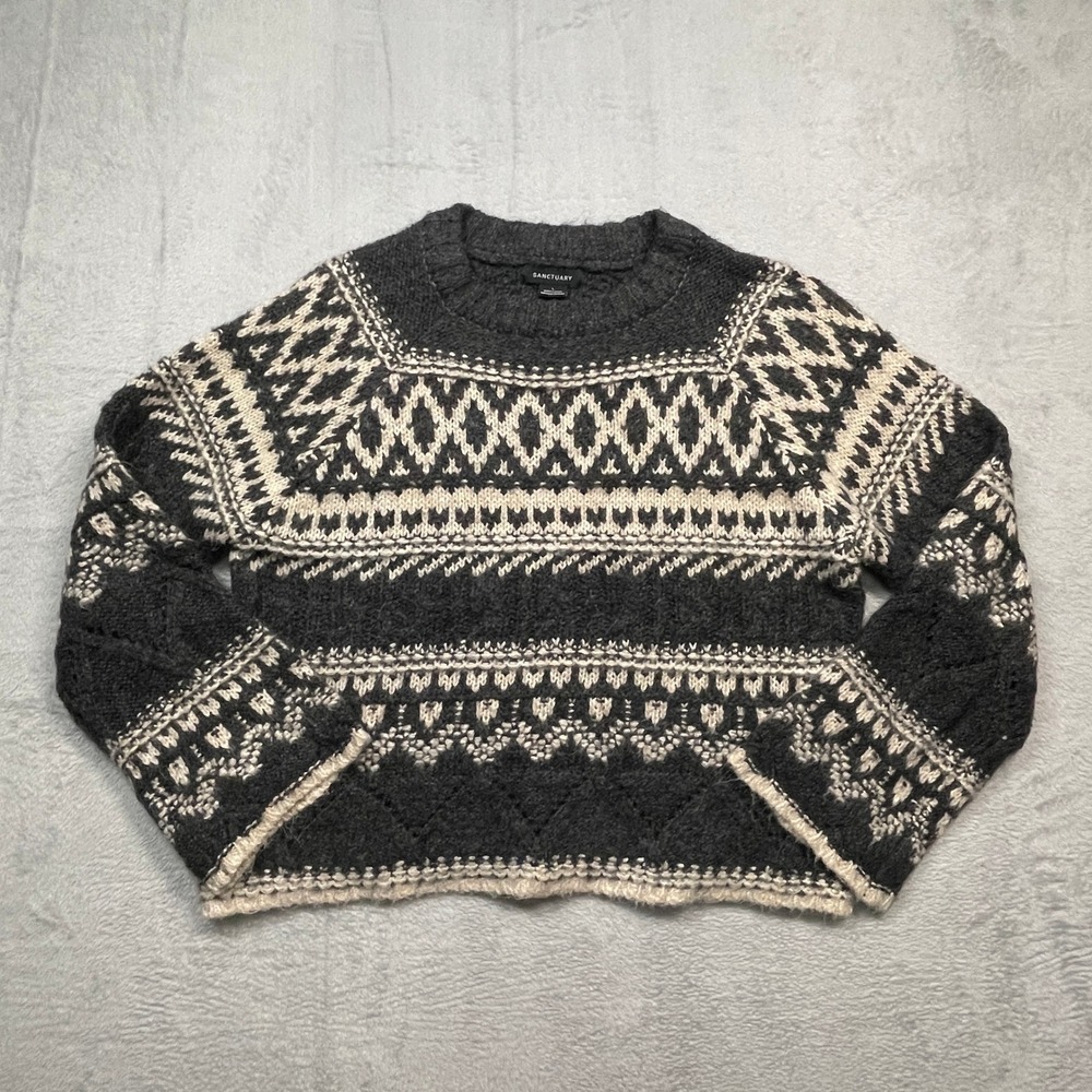 Sanctuary Fair Isle Sweater Women‎ Large Grey Cream Geometric Knit